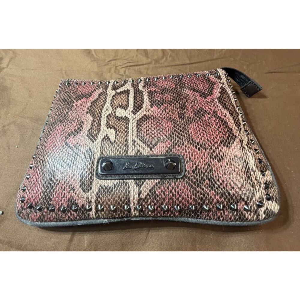 Sam Edelman Snake Print Studded Zip Pouch Clutch Cosmetic Bag Brown Pink